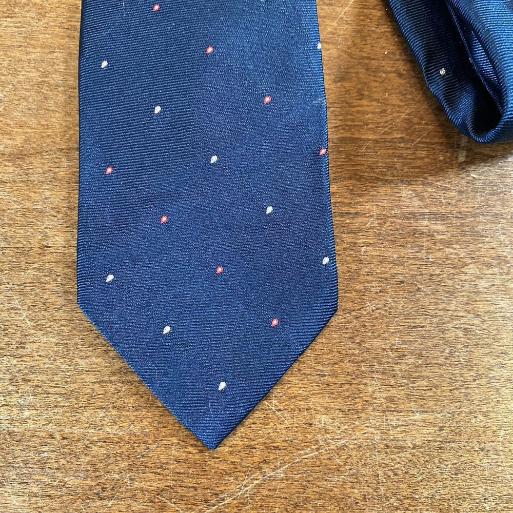 VTG  Christian Dior Men‎ Silk Necktie Navy Blue With Micro Dots Red & White